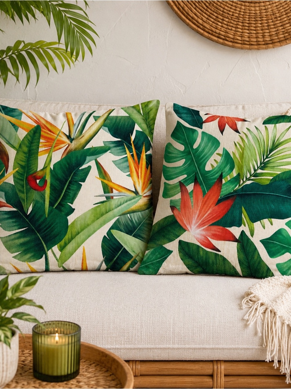 Bonhause Tropical Throw Pillow Covers 18x18 Green Floral Leaf Accent Set Of Two